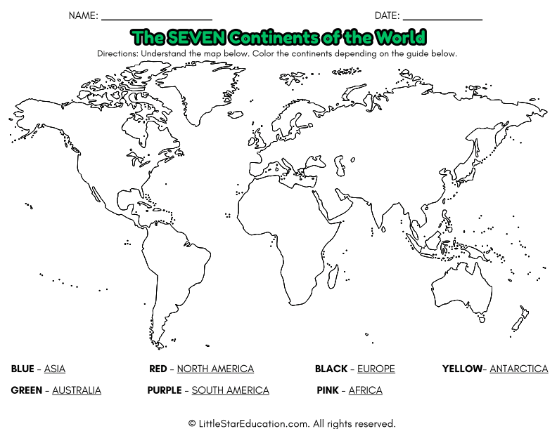 Seven Continents Map Coloring for Elementary Geography Skills