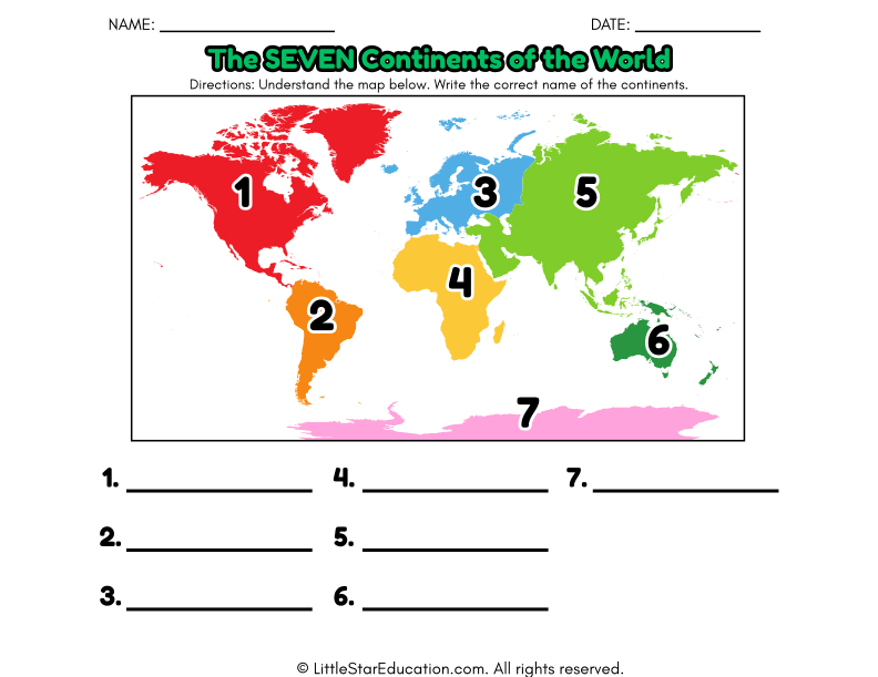 Seven Continents Map Labeling for Kindergarten Social Studies