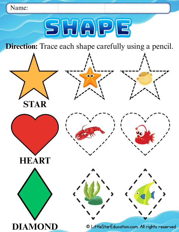 Shape Tracing Practice: Star, Heart, and Diamond for Early Math Skills