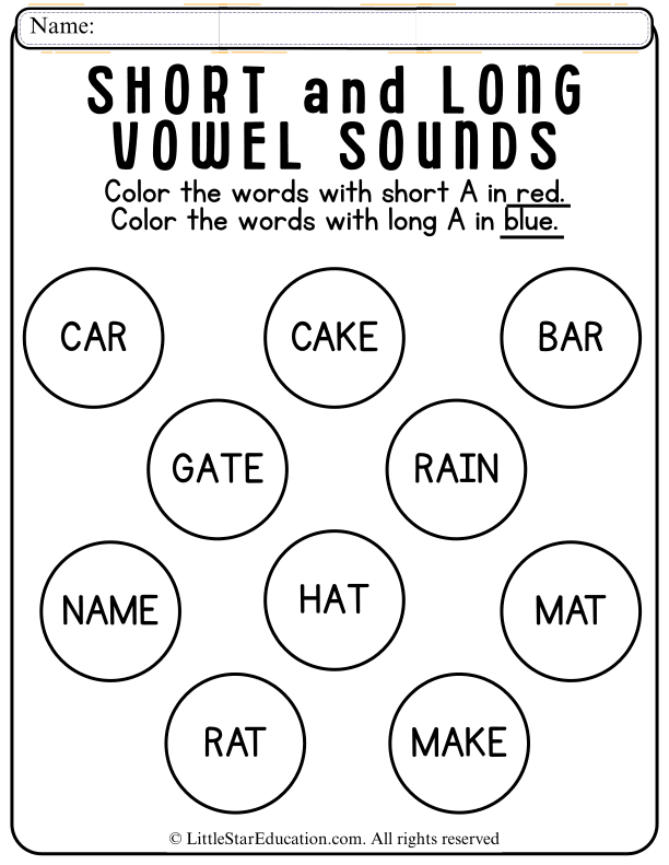Short and Long A Vowel Sounds Coloring for Early Readers
