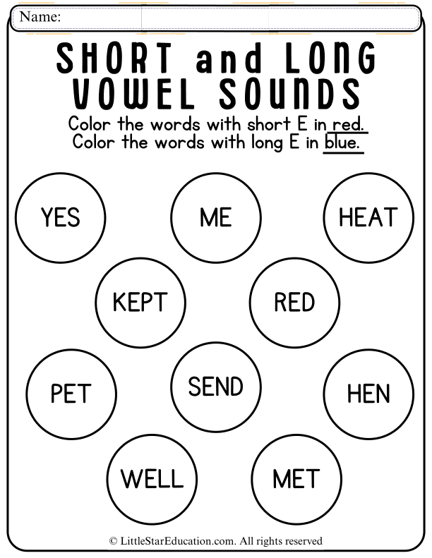 Short and Long E Vowel Sounds Color Sorting for Early Readers