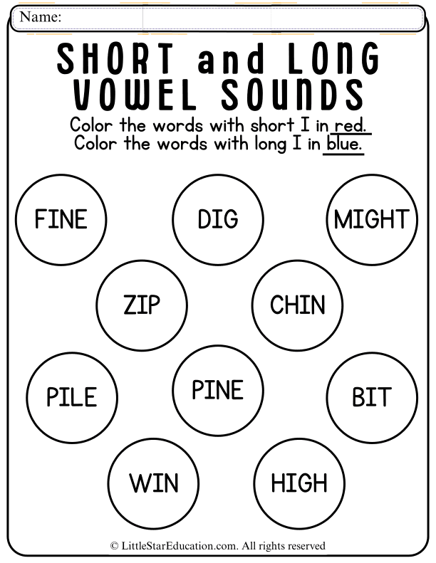 Short and Long I Vowel Sounds Coloring Practice for Grades 1-2