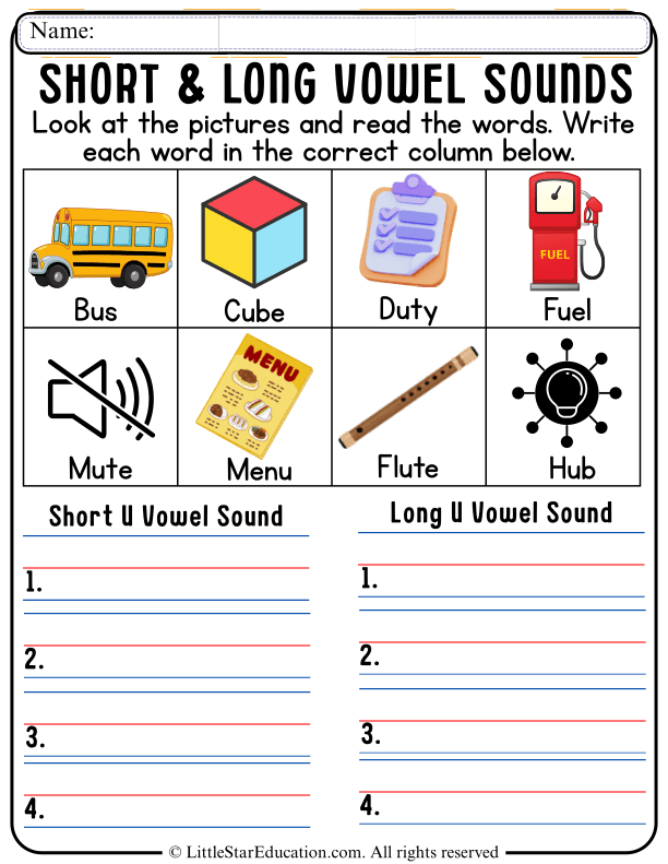 Short and Long U Vowel Sound Sorting for Early Readers