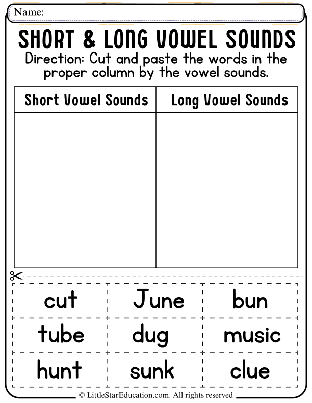 Short and Long Vowel Sounds Cut and Paste for Early Readers