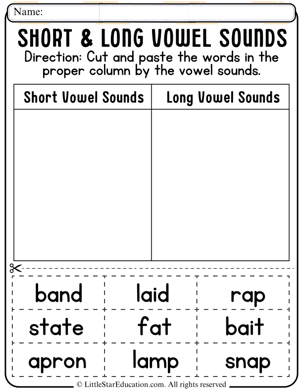 Short and Long Vowel Sounds Cut and Paste Practice for Grades 1-2
