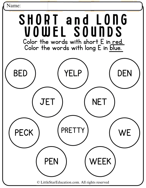 Short E and Long E Vowel Sounds Coloring for Early Readers