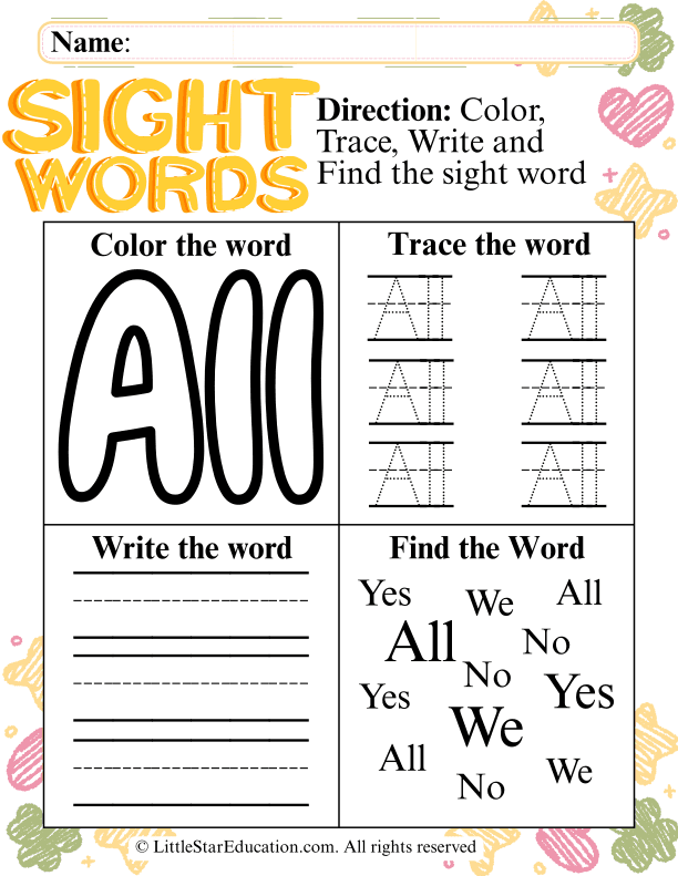 Sight Word "All" Practice: Color, Trace, and Write for Pre-K & Kindergarten