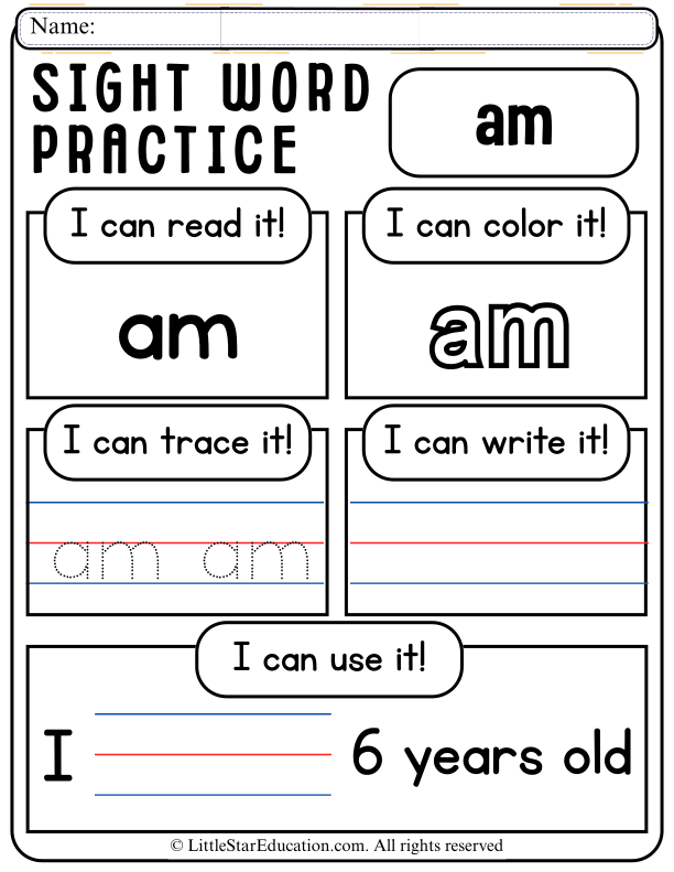 Sight Word "Am" Practice: Read, Trace, and Write for Early Learners