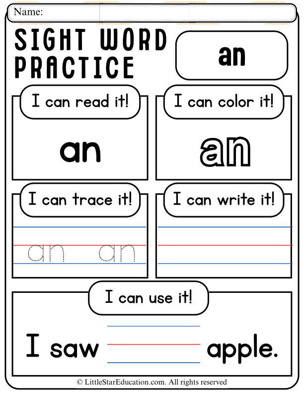 Sight Word "An" Practice: Read, Trace, Color, and Write for Early Learners