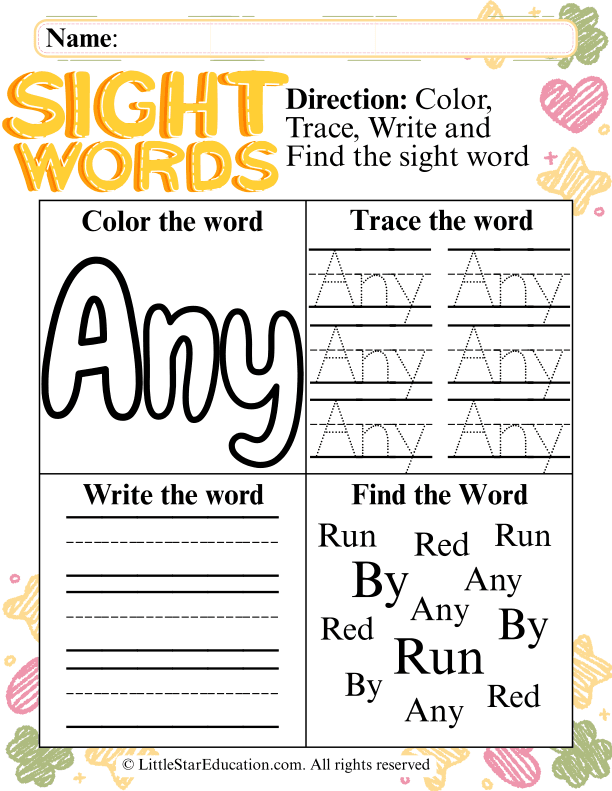 Sight Word "Any" Practice: Color, Trace, and Find for Pre-K/K ELA