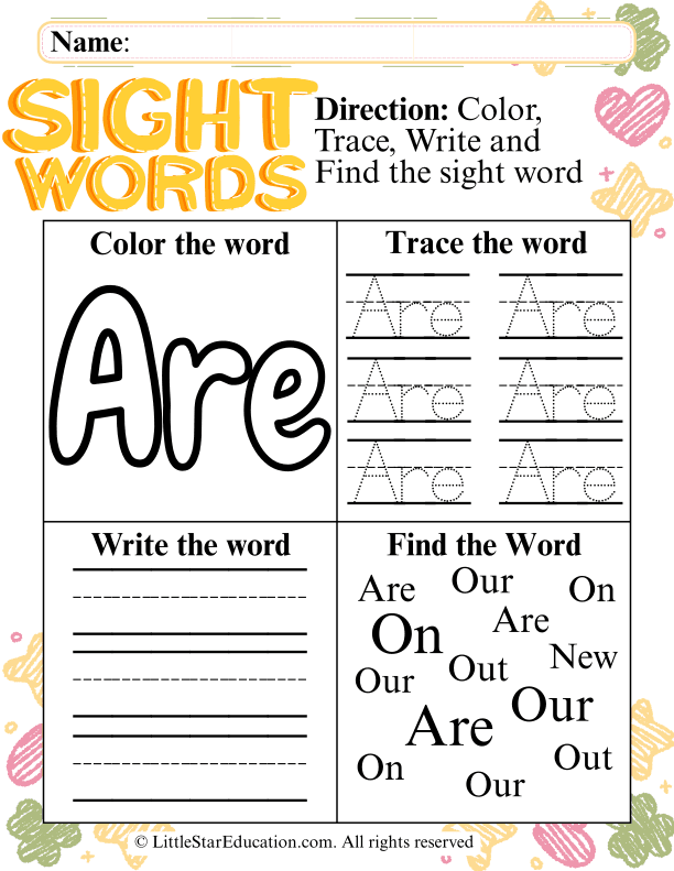Sight Word "Are" Practice: Trace, Color, and Find for Early Readers
