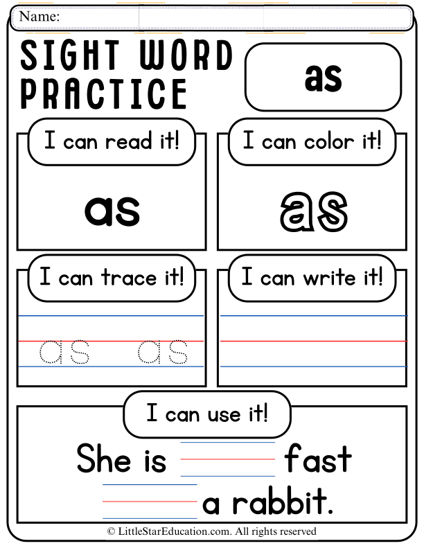 Sight Word "As" Practice: Read, Trace, Color, and Write for Early Readers