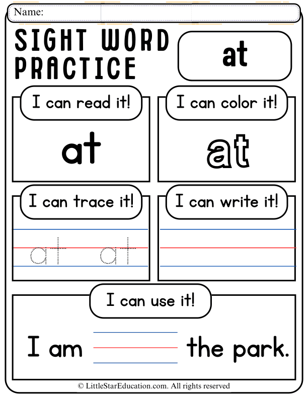 Sight Word "At" Practice: Read, Trace, Write, and Color for Pre-K