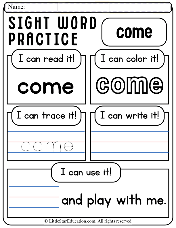 Sight Word "Come" Practice: Read, Trace, and Write for Pre-K and Kindergarten