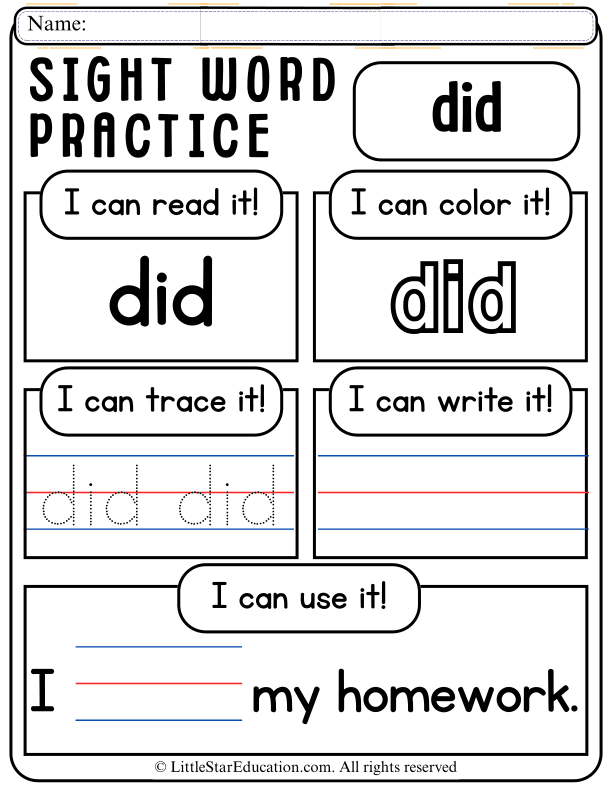 Sight Word "Did" Practice: Read, Trace, Color, and Write for Early Learners