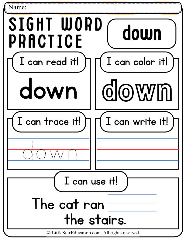 Sight Word "Down" Practice: Read, Trace, and Write for Early Learners