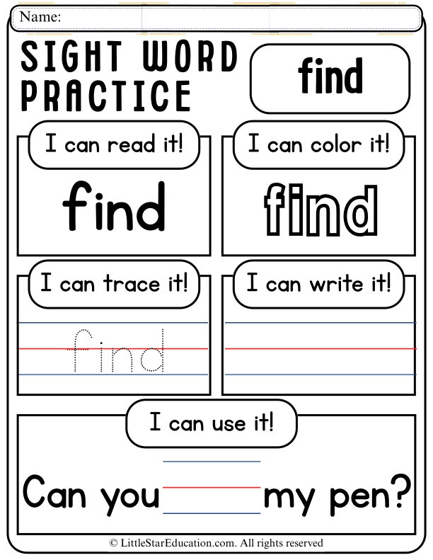 Sight Word "Find" Practice: Read, Trace, and Write for Pre-K Literacy