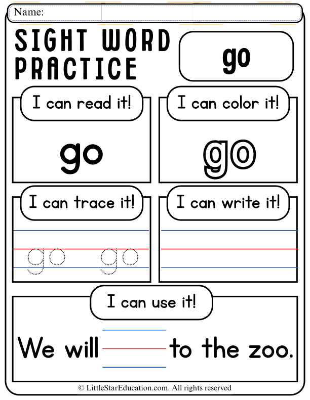 Sight Word "Go" Practice: Read, Trace, Color, and Write for Pre-K