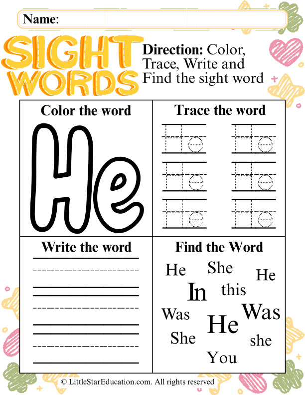 Sight Word "He" Practice: Color, Trace, and Find for Early Learners