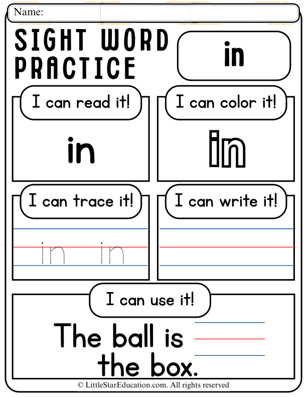 Sight Word "In" Practice: Read, Trace, Write, and Color for Pre-K and Kindergarten