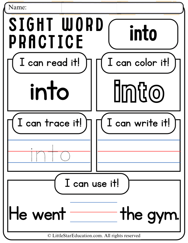 Sight Word "Into" Practice: Read, Trace, and Write for Kindergarten