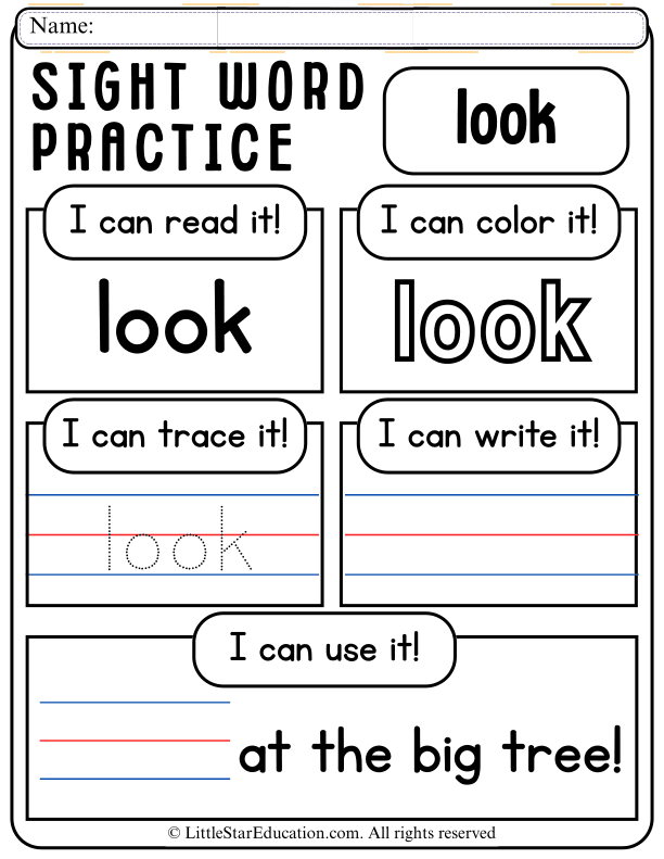 Sight Word "Look" Practice: Read, Trace, Write, and Color for Early Learners