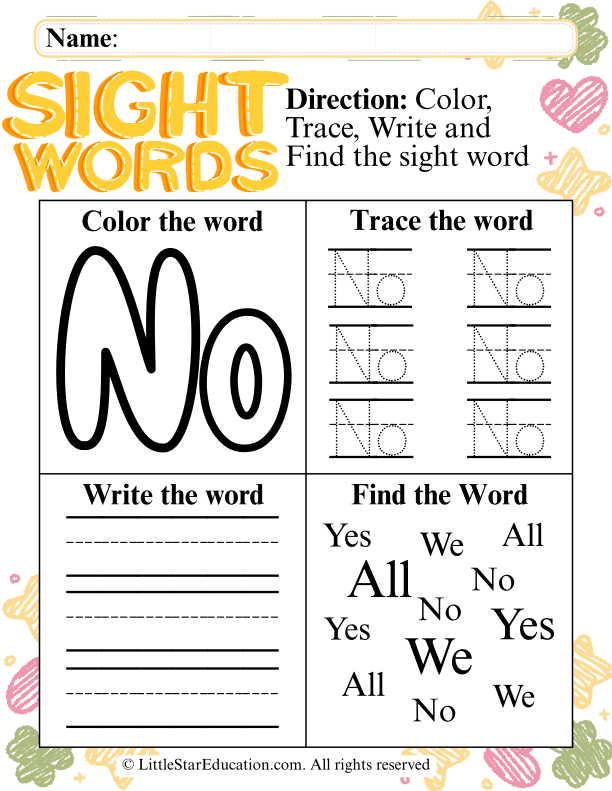 Sight Word "No" Practice: Trace, Write, and Find for Pre-K and Kindergarten