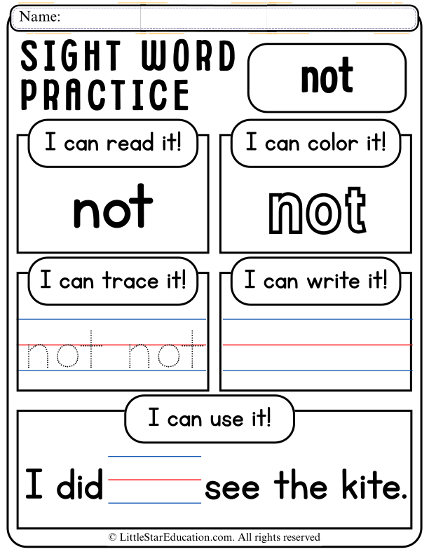 Sight Word "Not" Practice: Read, Trace, Write for Pre-K & Kindergarten