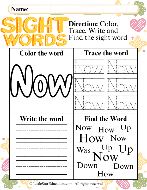 Sight Word "Now" Practice: Tracing, Writing, and Finding for Early Learners