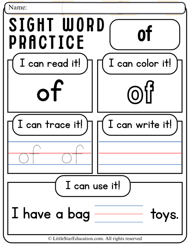 Sight Word "Of" Practice: Read, Trace, Color, and Write for Pre-K & Kindergarten