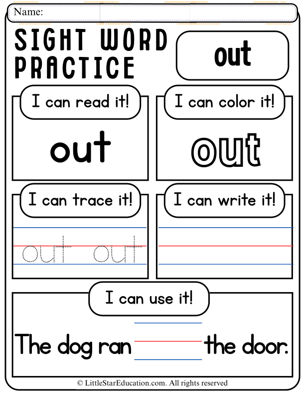 Sight Word "Out" Practice: Read, Trace, Write, and Color for Early Learners