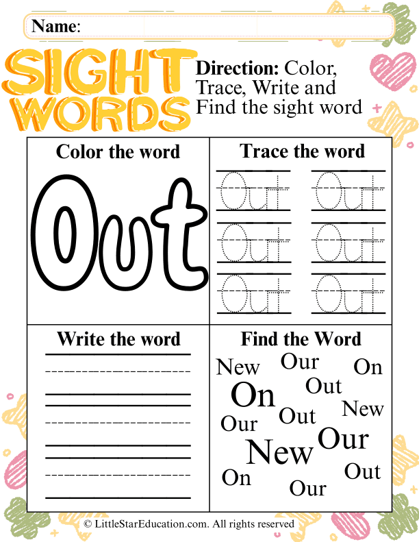 Sight Word "Out" Practice: Trace, Write, and Color for Pre-K