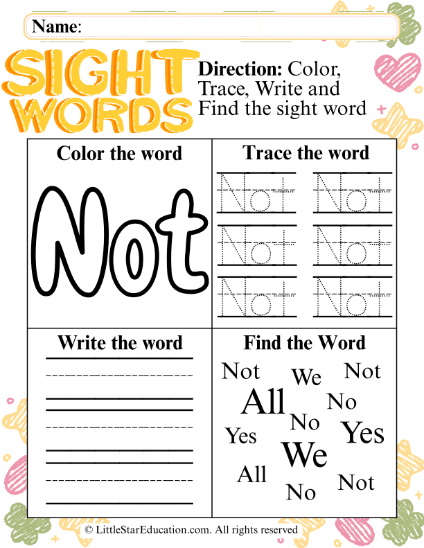 Sight Word Practice: Color, Trace, and Write "Not" for Early Learners