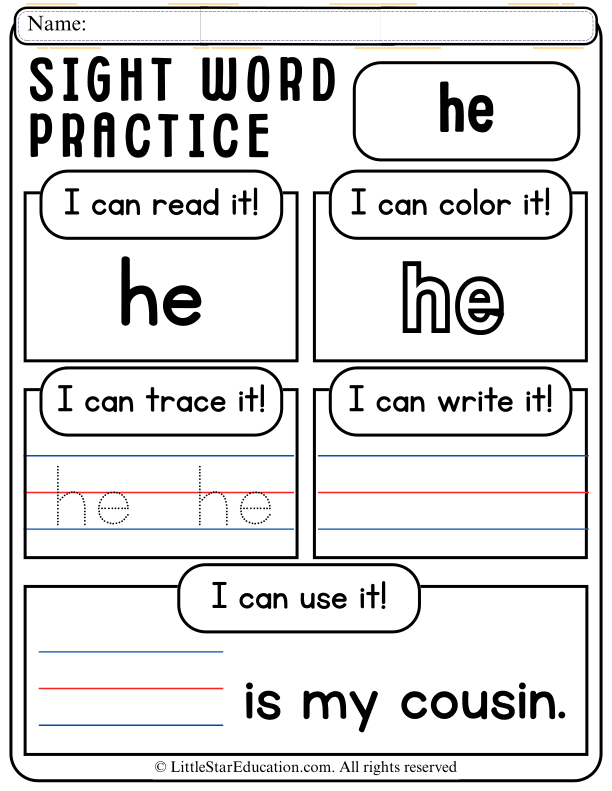 Sight Word Practice: Read, Trace, and Write "He" for Early Learners