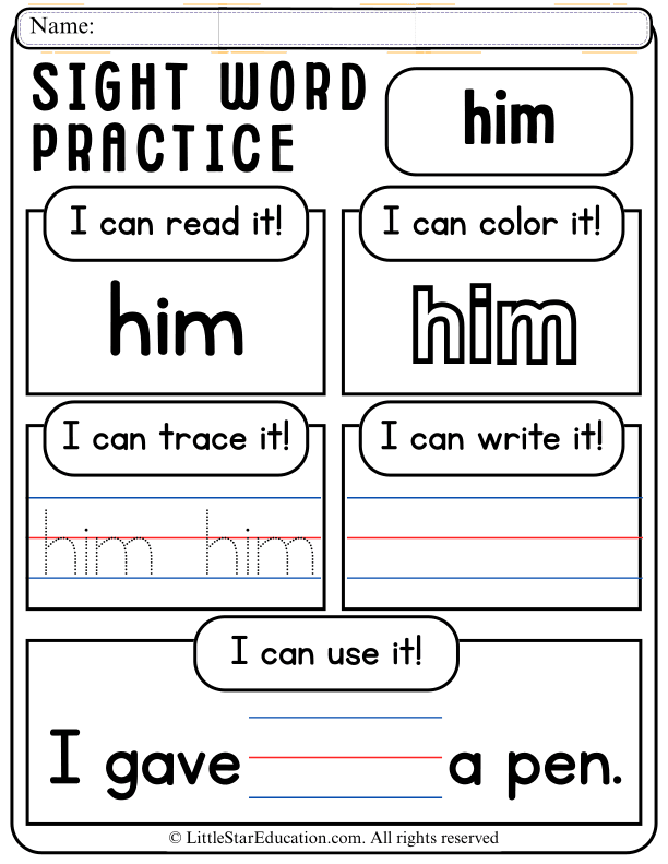Sight Word Practice: Read, Trace, and Write "Him" for Early Readers
