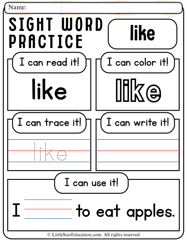Sight Word Practice: Read, Trace, and Write "Like" for Early Learners