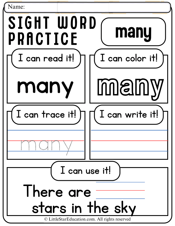 Sight Word Practice: Read, Trace, and Write "Many" for Early Learners