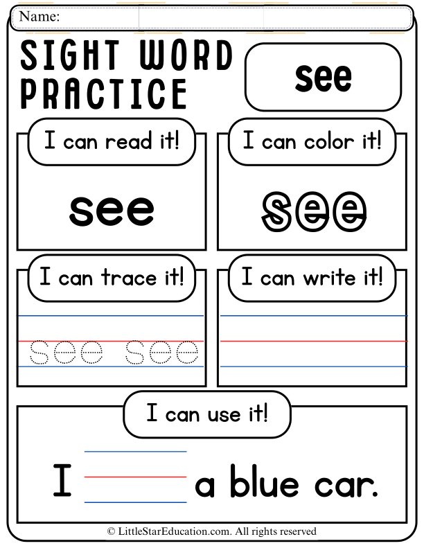 Sight Word Practice: Read, Trace, and Write "See" for Pre-K and Kindergarten