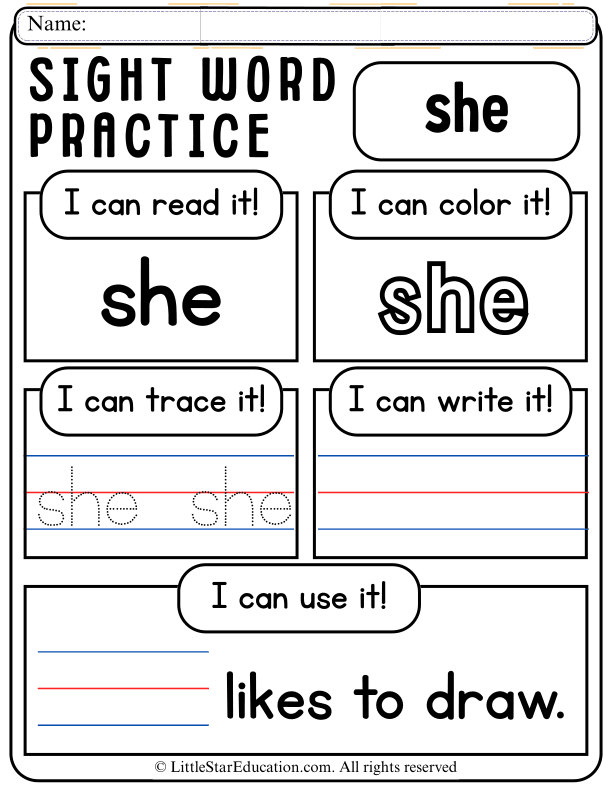 Sight Word Practice: Read, Trace, and Write "She" for Early Learners