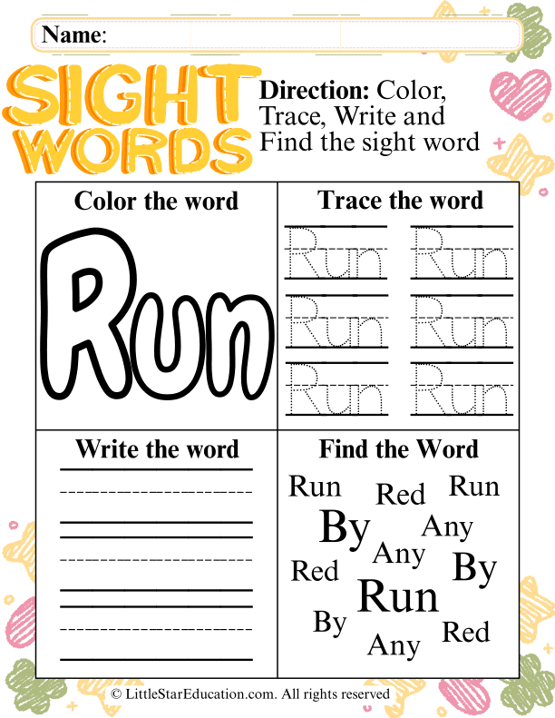 Sight Word "Run" Practice: Tracing, Writing, and Coloring for Pre-K Literacy