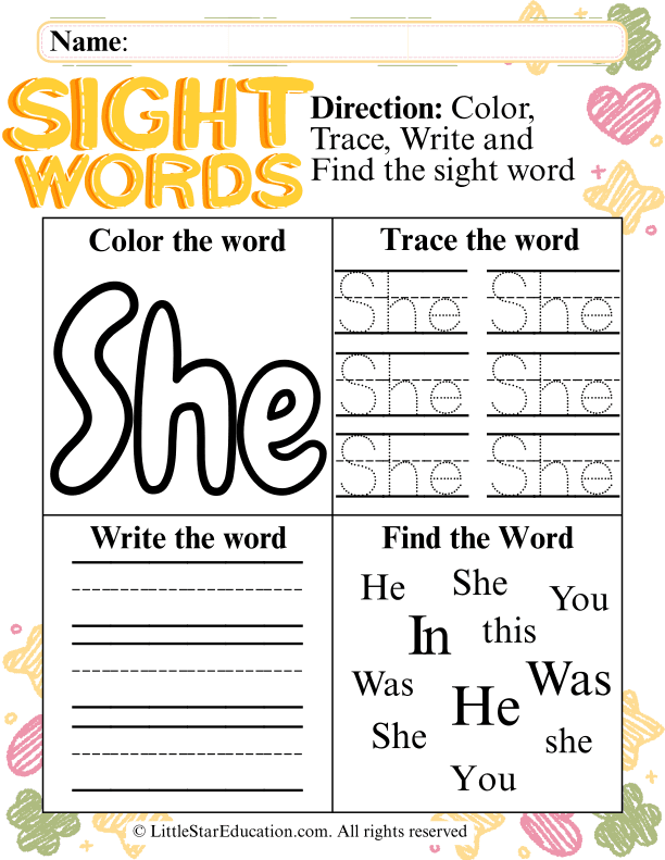 Sight Word "She" Practice: Trace, Write, and Find for Early Learners
