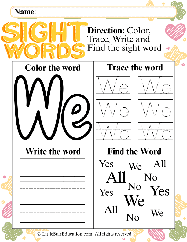 Sight Word "We" Practice: Tracing, Writing, and Recognition for Early Literacy