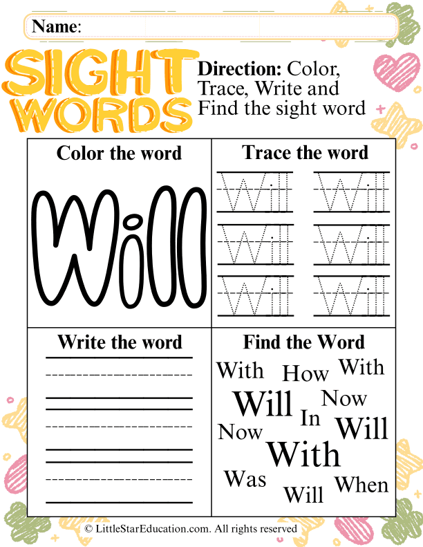 Sight Word "Will" Practice for Early Literacy Skills