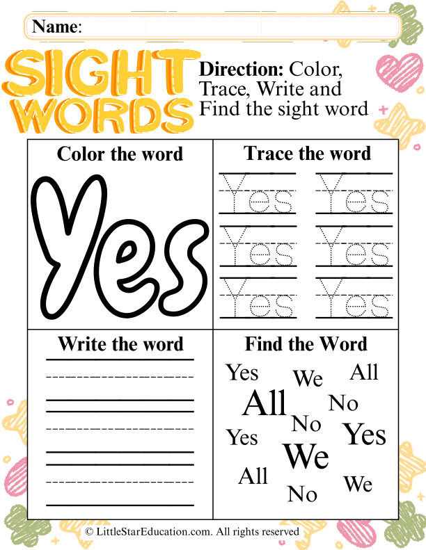 Sight Word "Yes" Practice: Color, Trace, and Find for Early Readers