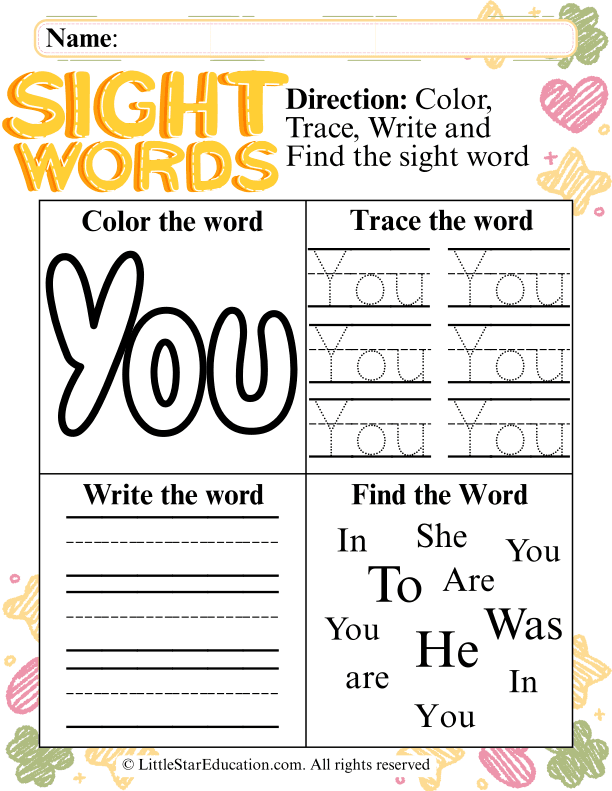 Sight Word "You" Practice: Trace, Color, and Find for Pre-K & Kindergarten