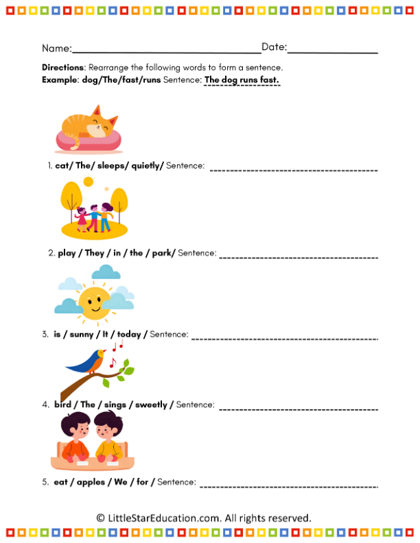 Simple Sentence Building Practice for First Grade ELA