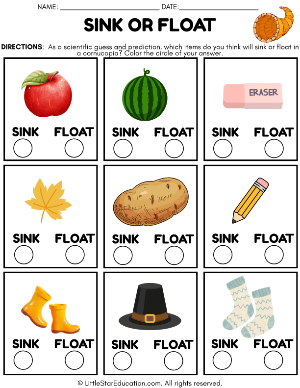 Sink or Float Prediction Science for Kindergarten and First Grade