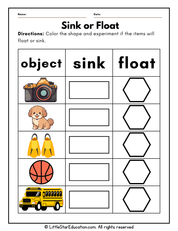 Sink or Float Sorting Worksheet for Preschoolers