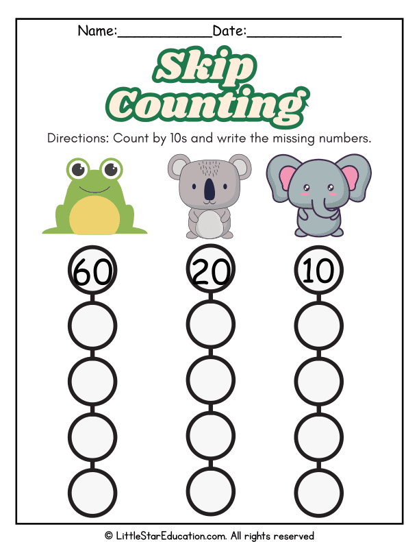 Skip Counting by 10s Number Practice for Kindergarten and Grade 1