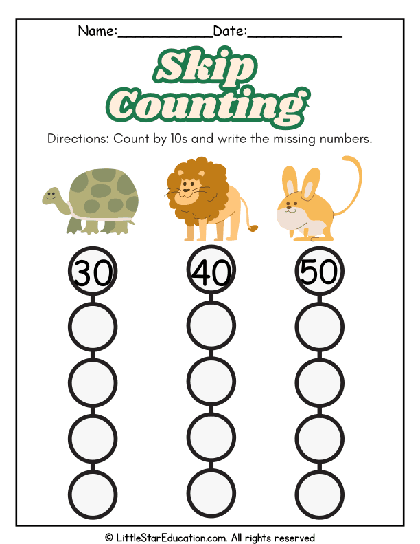 Skip Counting by 10s Number Practice for Kindergarten Math